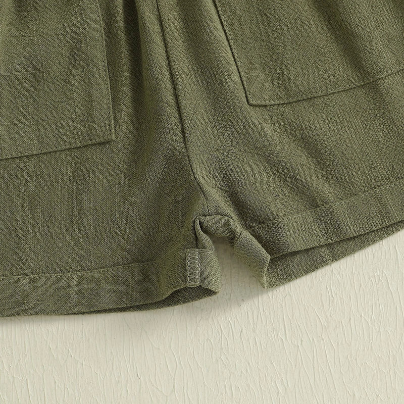 Girls Olive Green Button Front Short Sleeve Romper With Bow Detail Playsuits