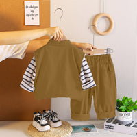 Boys Brown Typographic Printed Sleeveless Jacket With Striped T-Shirt & Pants Set Sets