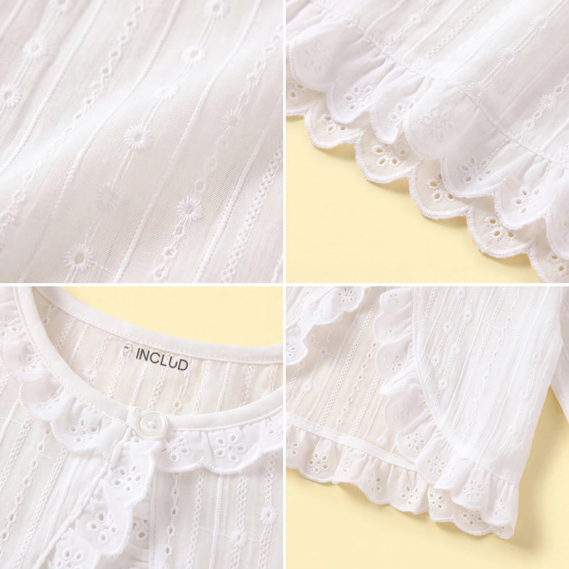 Girls White Schiffli Embroidered Long Sleeve Shrug Tops