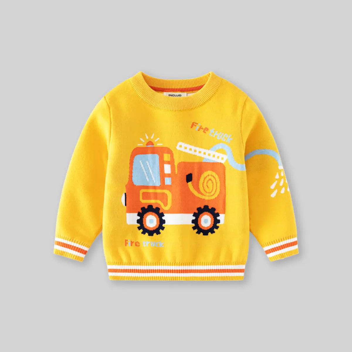 Boys Yellow Sweater With Self-Design Fire Truck Pattern Sweaters & Cardigans