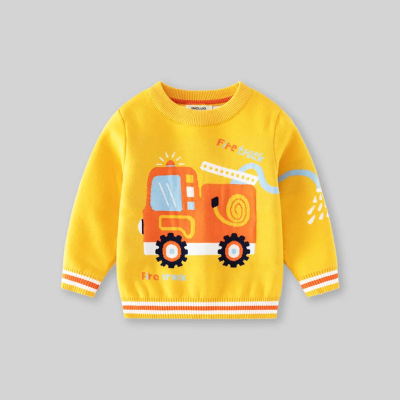 Boys Yellow Sweater With Self-Design Fire Truck Pattern Sweaters & Cardigans
