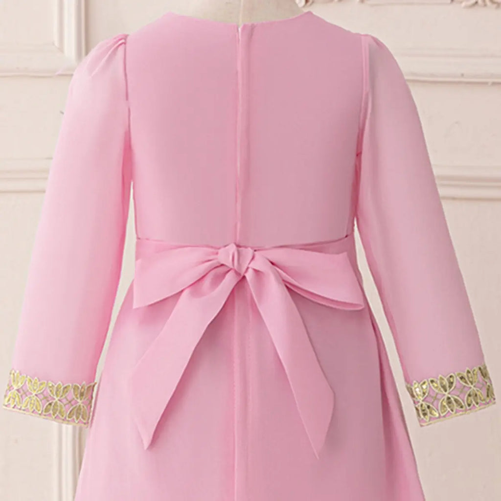 Girls Pink Embroidered A-Line Maxi Dress With V-neckline Casual Dresses