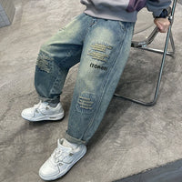 Boys Light Blue Distressed Ripped Loose Fit Denim Jeans Pants
