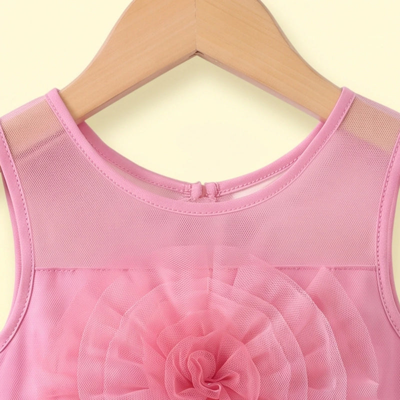 Girls pink sleeveless party gown with floral applique and tulle