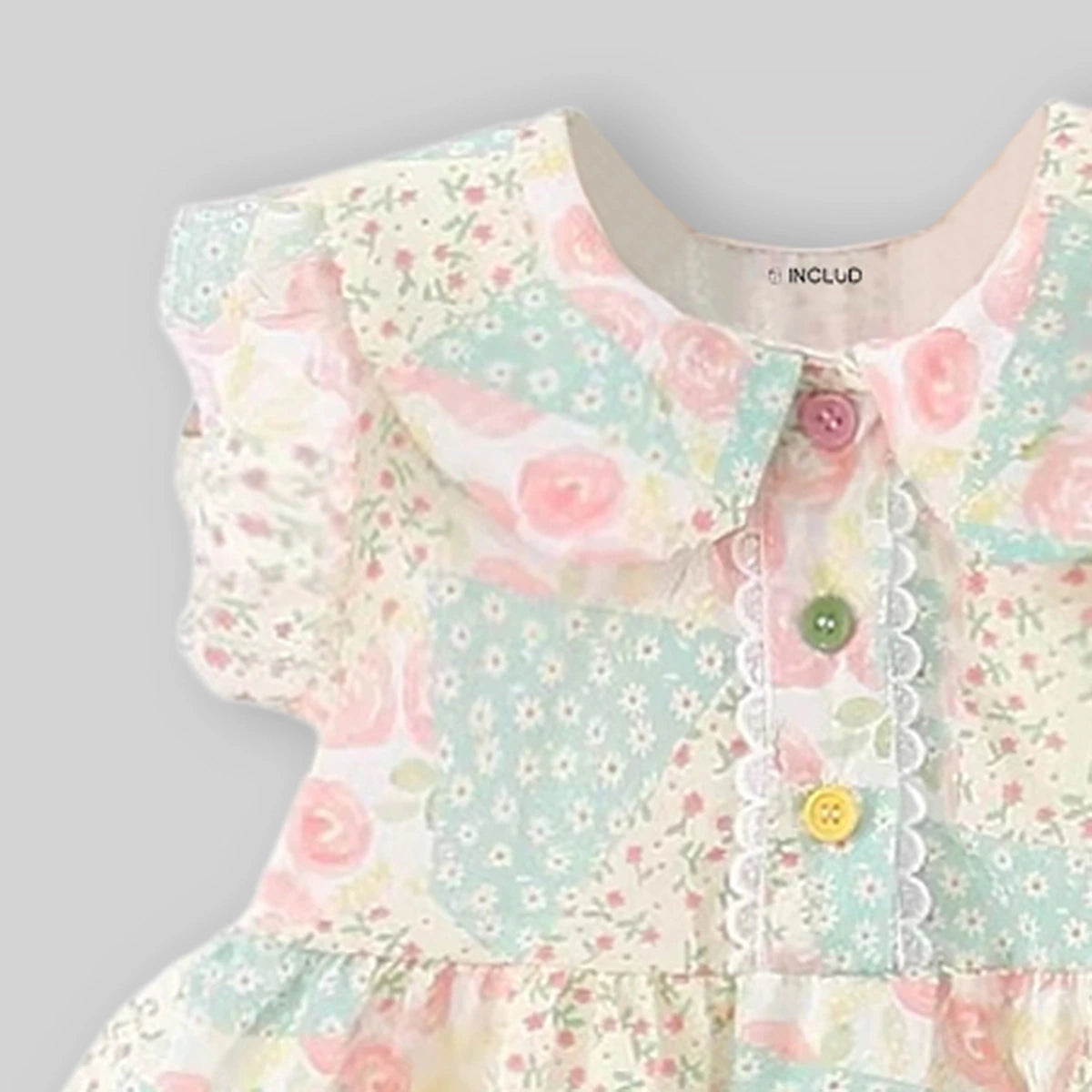 Girls Beige Floral Print Peter Pan Collar Fit And Flare Dress Casual Dresses