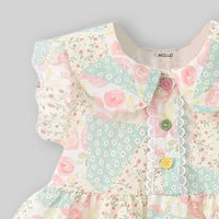 Girls Beige Floral Print Peter Pan Collar Fit And Flare Dress Casual Dresses