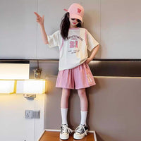 Girls Short Sleeve Typography Print T-Shirt With Shorts Set 2 pc. Sets   
