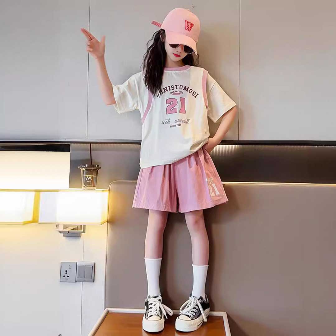 Girls Short Sleeve Typography Print T-Shirt With Shorts Set 2 pc. Sets   