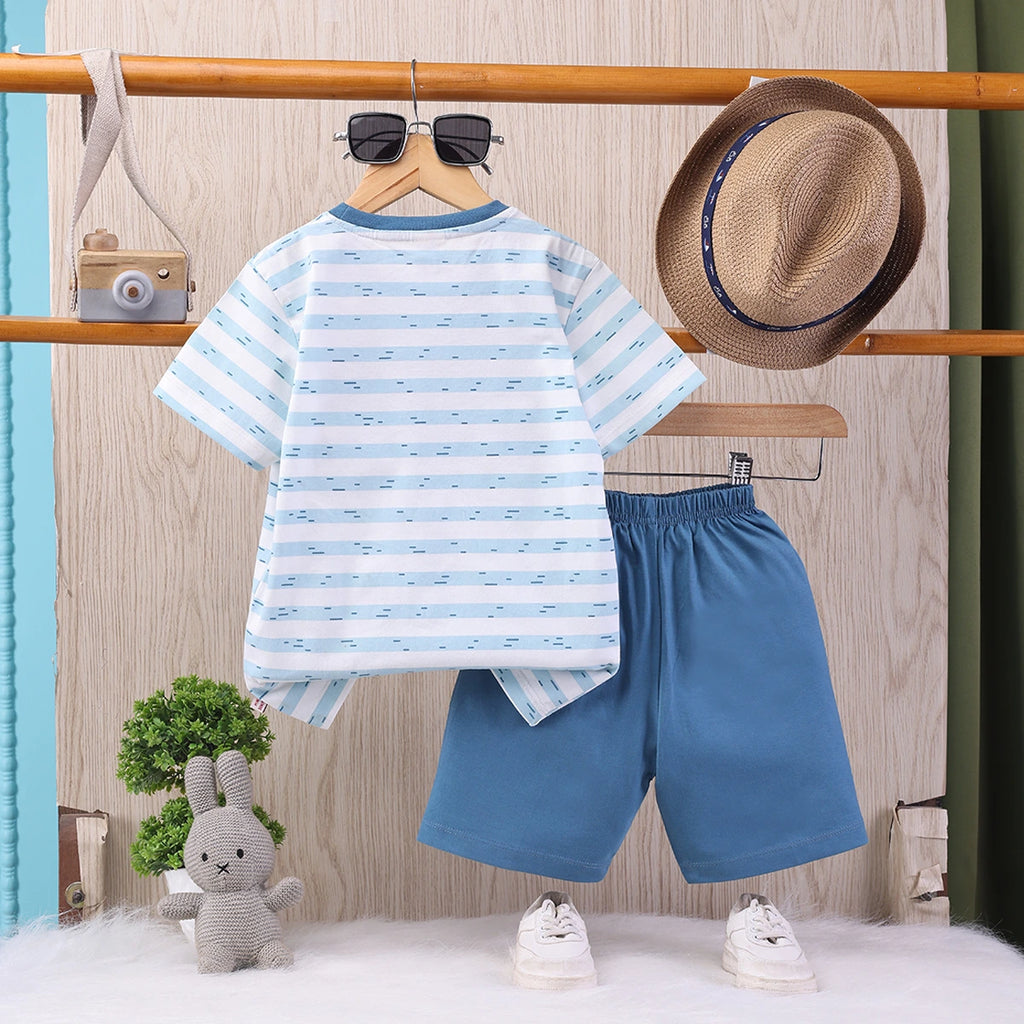Boys Sea Green Cartoon Applique Stripes T-Shirt With Elasticated Shorts Sets 2 pc. Sets