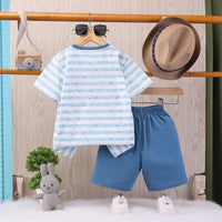 Boys Sea Green Cartoon Applique Stripes T-Shirt With Elasticated Shorts Sets 2 pc. Sets