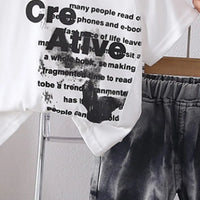 Boys White Typographic Printed T-Shirt With Denim Shorts Sets Sets
