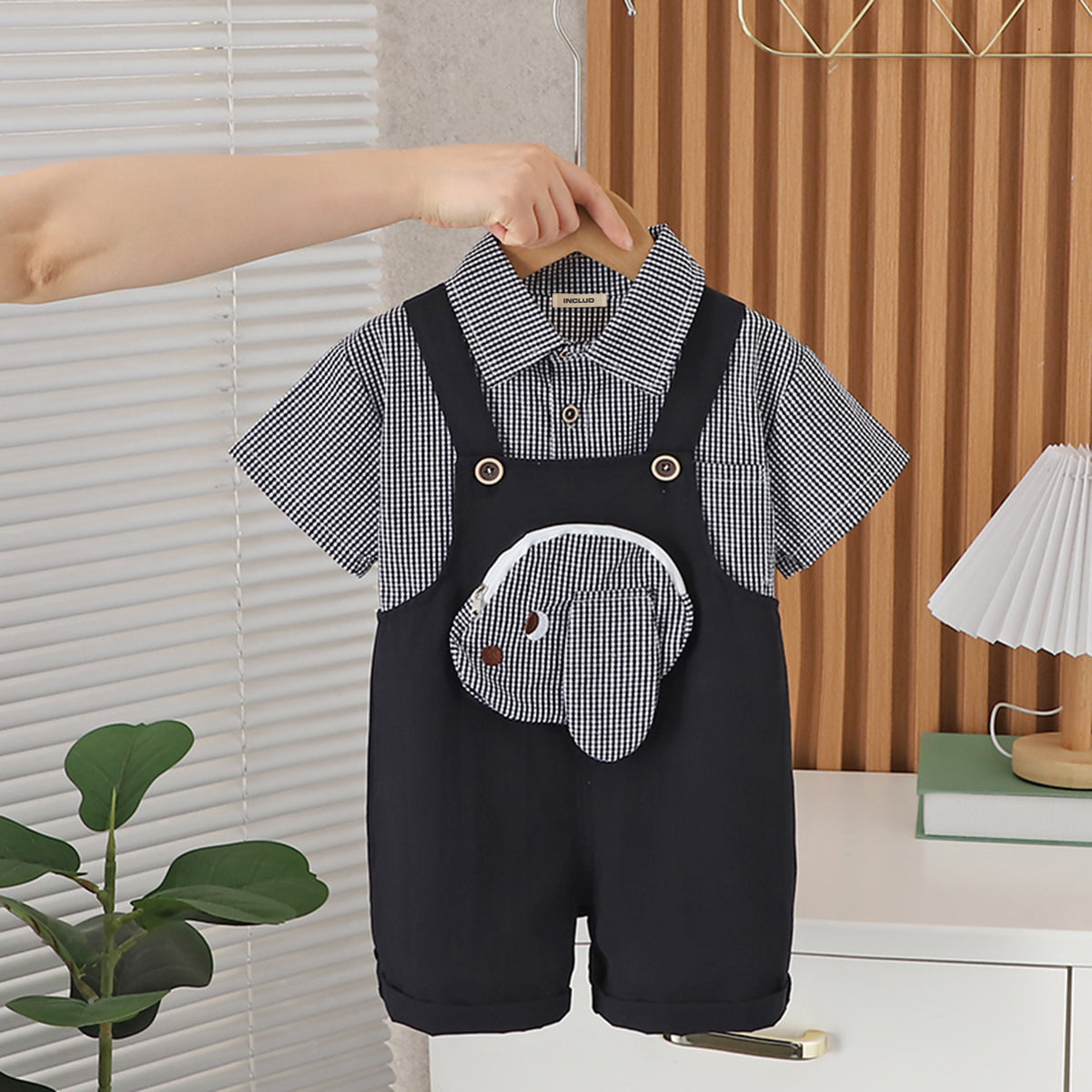 Boys Black Gingham Check Shirt With Embroidery Applique Dungaree Set 2 pc. Sets Black 1-2 Y