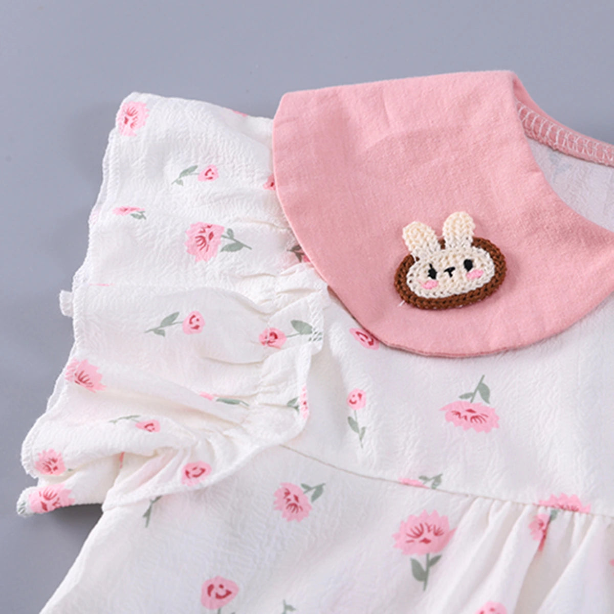 Girls Pink Floral Print Bunny Applique Top With Denim Shorts Set Sets