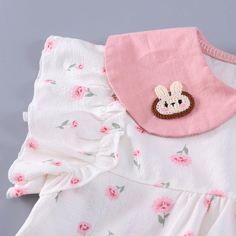 Girls Pink Floral Print Bunny Applique Top With Denim Shorts Set Sets
