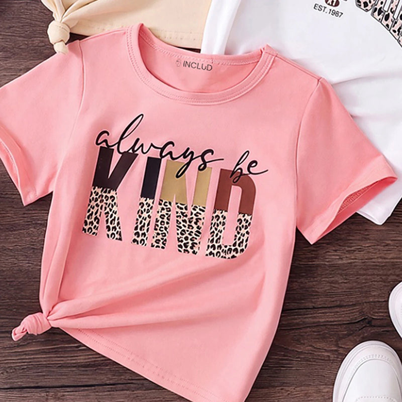 Girls Multicolour Typography Print Short Sleeve T-Shirts Pack Of 3 Tshirts