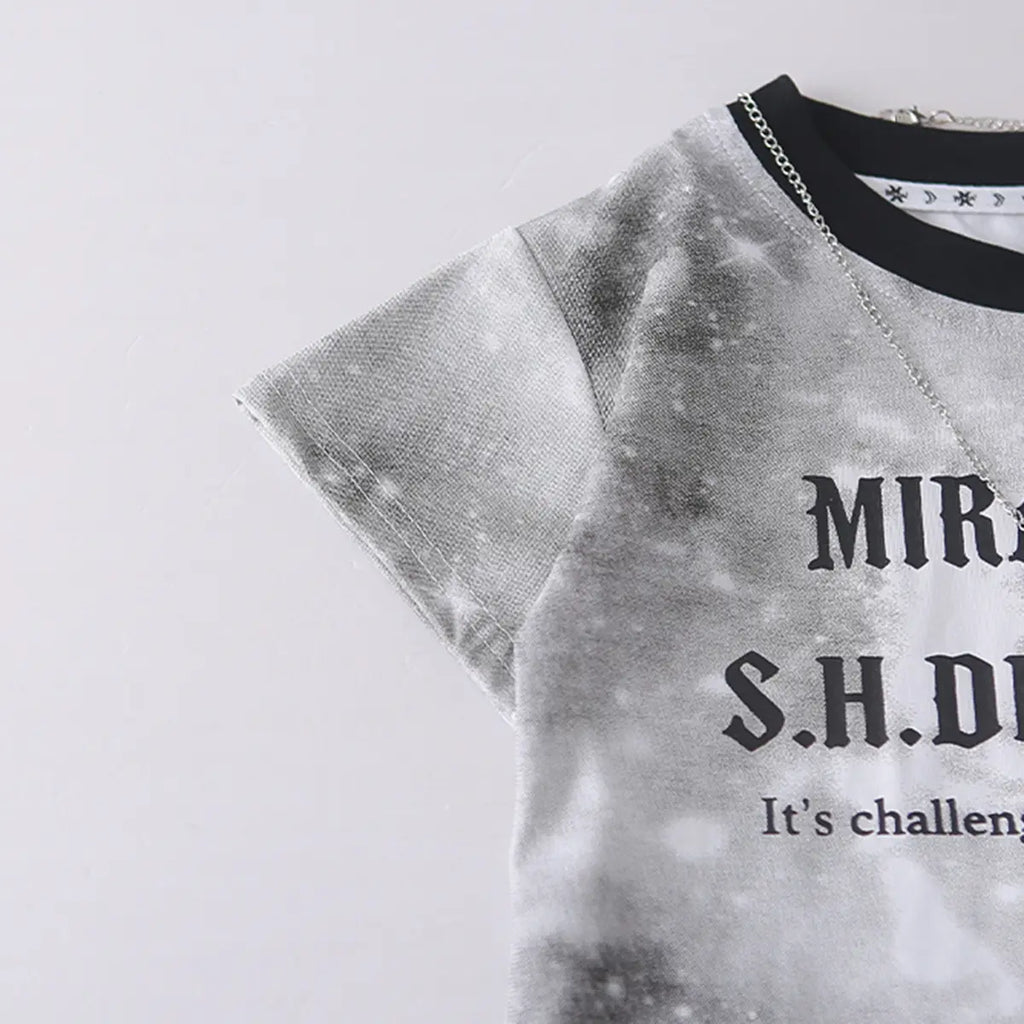 Boys Grey Typographic Printed T-Shirt With Denim Shorts Sets Sets