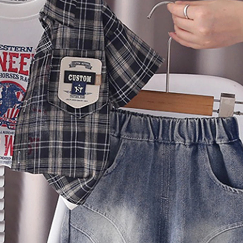 Boys Black Checked Shirt With Graphic T-Shirt & Denim Shorts Set Sets