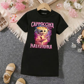 Girls Black Graphic Short Sleeve T-Shirt Dress Casual Dresses Black 4-5 Y