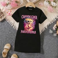 Girls Black Graphic Short Sleeve T-Shirt Dress Casual Dresses Black 4-5 Y