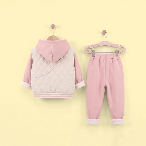 Girls Pink Embroidered Regular Sweatshirt With Sleeveless Jackets, Pants & Bag Sets 4 pc. Sets