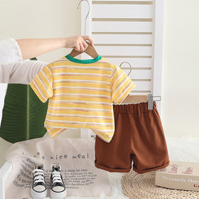 Boys Yellow Striped Triangular Patch Pocket T-Shirt With Brown Shorts Set 2 pc. Sets