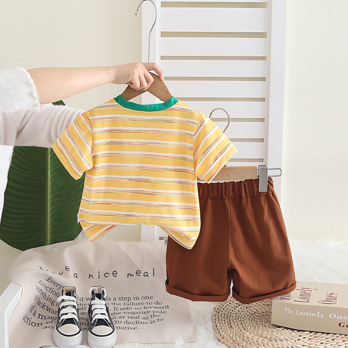 Boys Yellow Striped Triangular Patch Pocket T-Shirt With Brown Shorts Set 2 pc. Sets