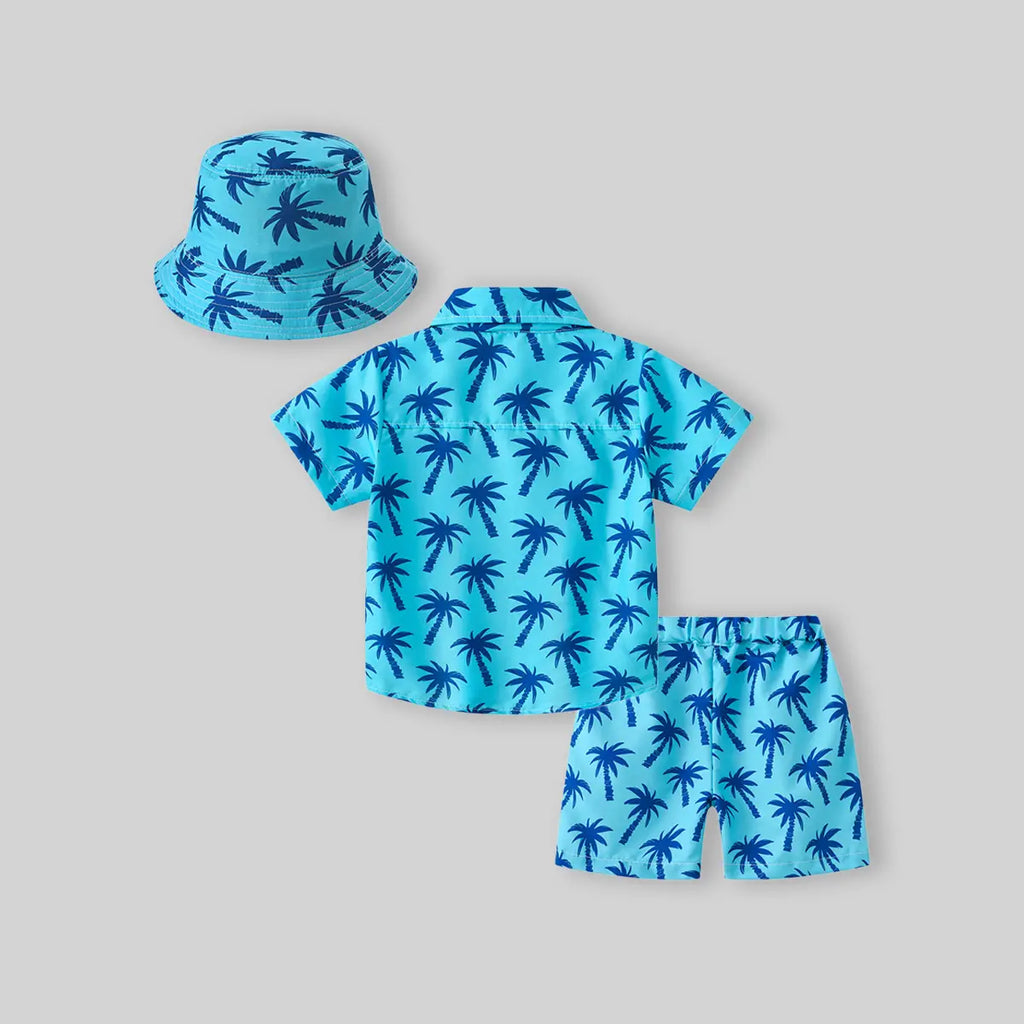 Boys Light Blue Tropical Print Button-Down Shirt With Shorts & Hat Co-ord Sets Sets