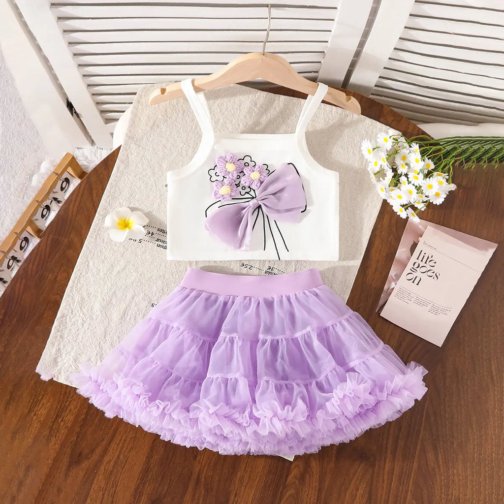 Girls Purple Flower Applique Crop Top With Skirt Sets Sets Purple 3-4 Y