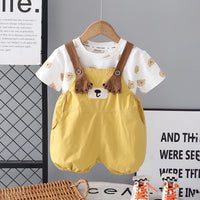 Girls Yellow Embroidered Dungaree With Bear Print T-Shirt Set Sets Yellow 1-2 Y
