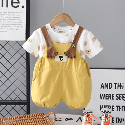 Girls Yellow Embroidered Dungaree With Bear Print T-Shirt Set Sets Yellow 1-2 Y