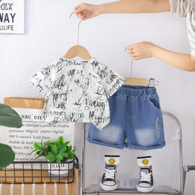 Boys Green Typographic Print T-Shirt With Denim Shorts Set Sets