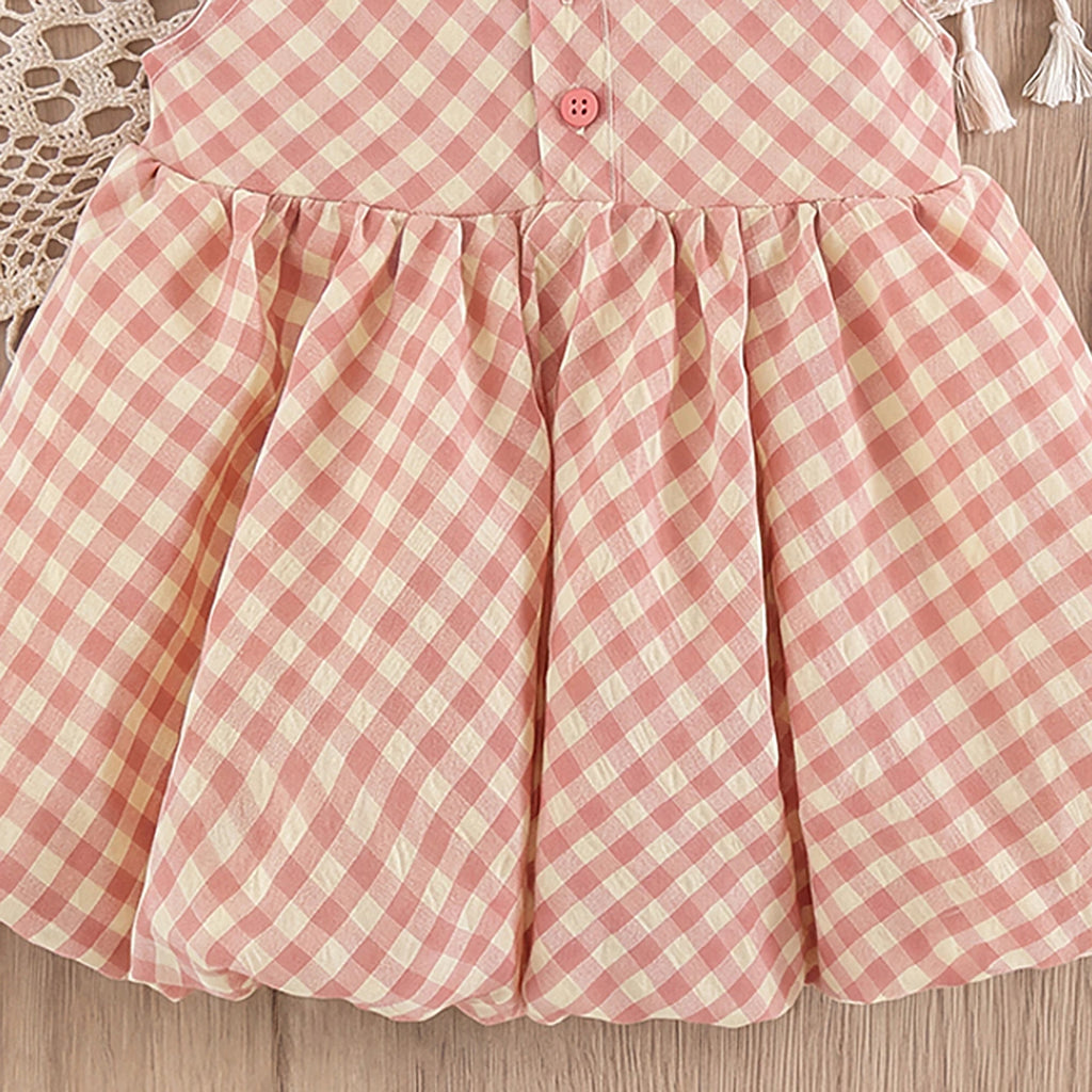 Girls Pink Sleeveless Checked Balloon Dress Casual Dresses