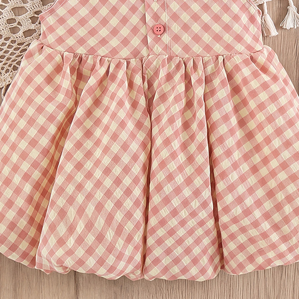 Girls Pink Sleeveless Checked Balloon Dress Casual Dresses