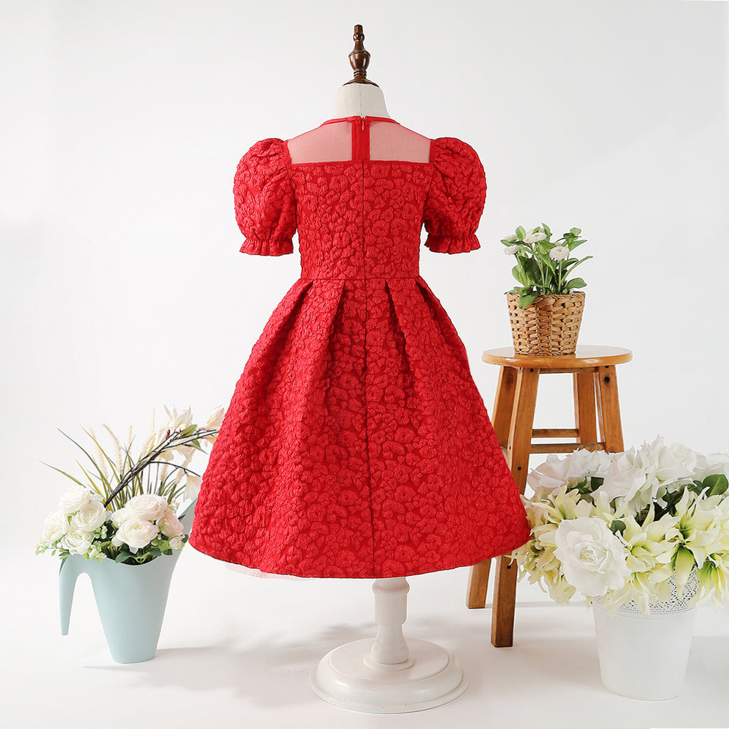 Girls Red Puff Sleeve Fit & Flare Textured Dress Casual Dresses