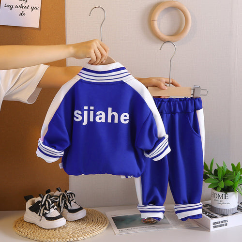 Boys Blue Typographic Printed Zipper Jacket With T-Shirt & Joggers Set Sets