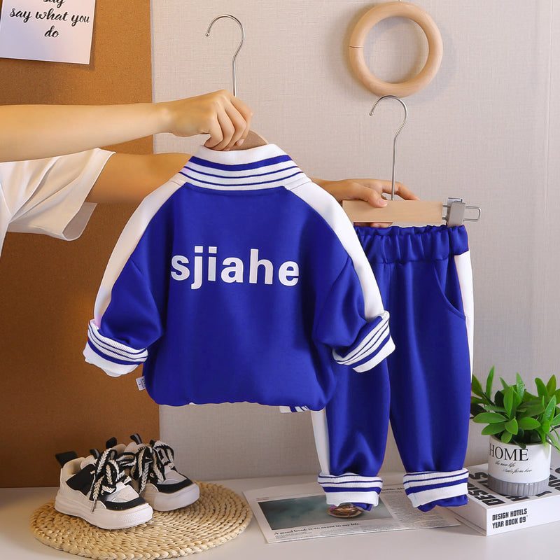 Boys Blue Typographic Printed Zipper Jacket With T-Shirt & Joggers Set Sets