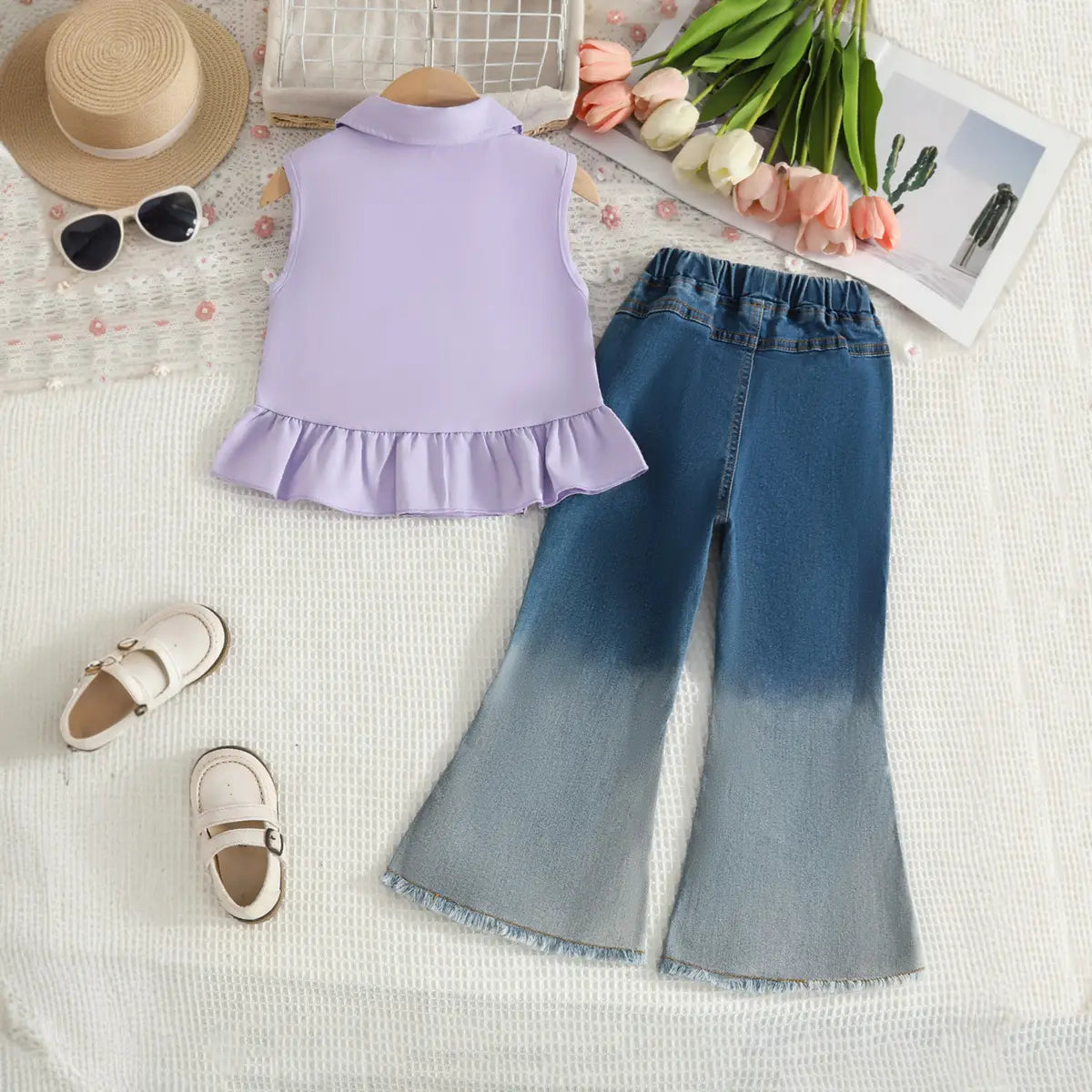 Girls Purple 3D Flower Applique Sleeveless Top With Flared Denim Pants Set Sets