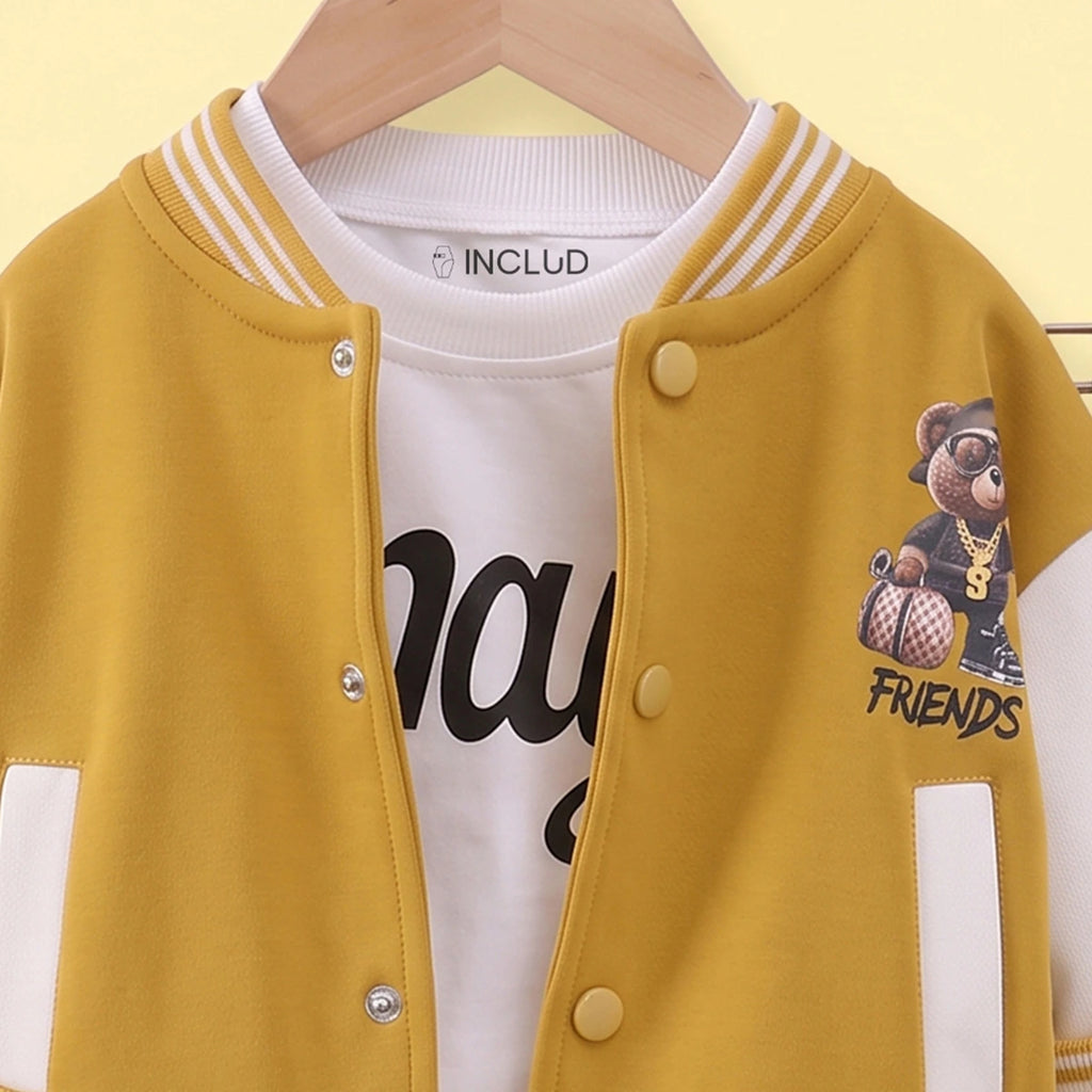 Boys Yellow Graphic Jacket With T-Shirt And Denim Pants Sets 3 pc. Sets