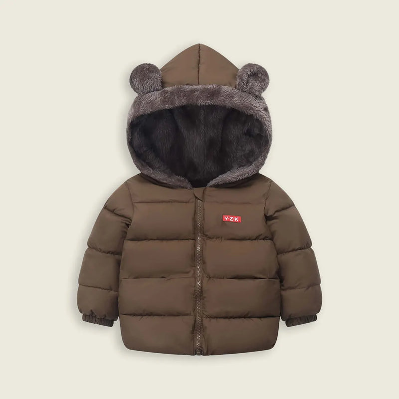 Boys Brown Zip-up Puffer Jacket With Bear Ear On Hood Coats & Jackets