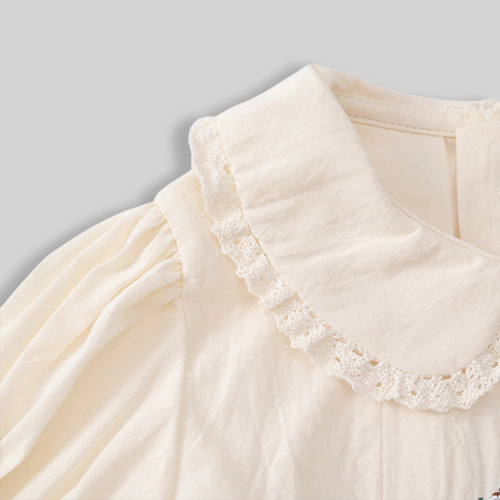 Girls Off White Embroidered Peter Pan Collar A-Line Dress Casual Dresses