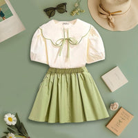 Girls Puff Sleeves Peter Pan Collar Top With Skirt Sets Green 4-5 Y 