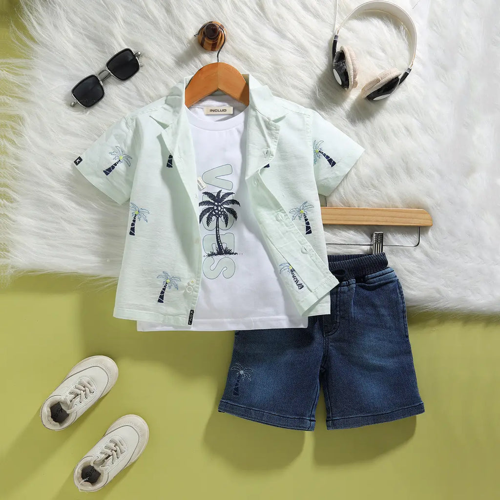 Boys Light Green Tropical Embroidered Short Sleeve Shirt With T-Shirt And Shorts Set 3 pc. Sets Light Green 6-12 M