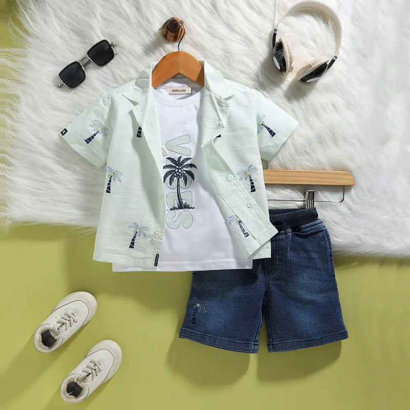 Boys Light Green Tropical Embroidered Short Sleeve Shirt With T-Shirt And Shorts Set 3 pc. Sets Light Green 6-12 M