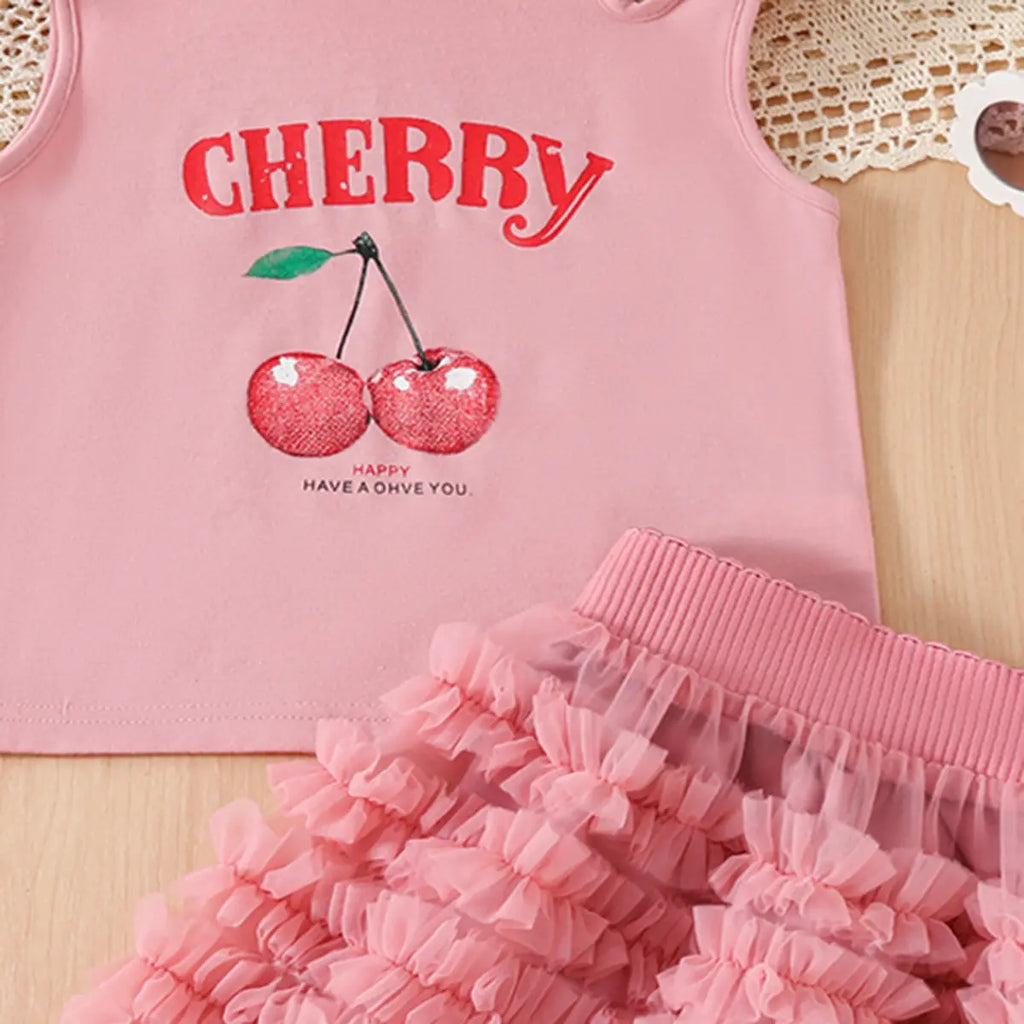 Girls Pink Cherry Print Sleeveless Top With Ruffled Tulle Skirt Sets Sets