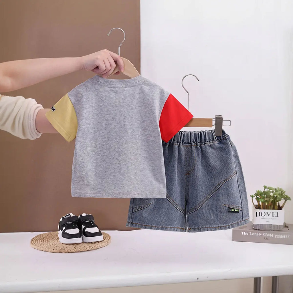 Boys Light Grey Car Printed Short Sleeve T-Shirt with Denim Shorts Sets 2 pc. Sets