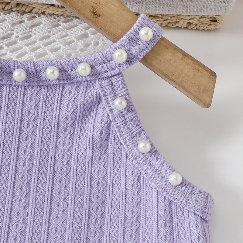 Girls Lavender Pearl Embellished Crop Top With Denim Flared Pants Set Sets
