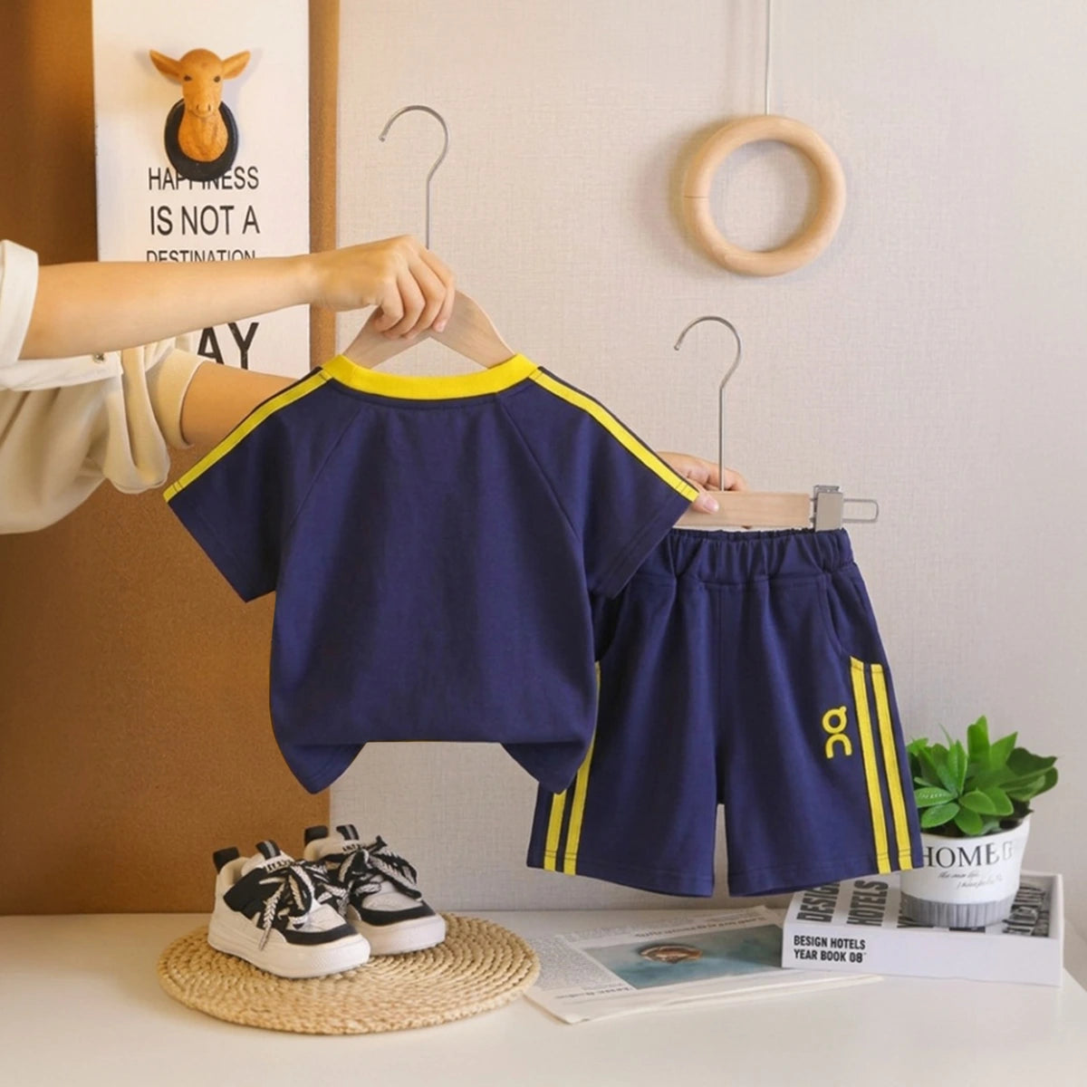 Boys Navy Blue Printed Short Sleeve T-Shirt With Elasticated Shorts Sets Sets