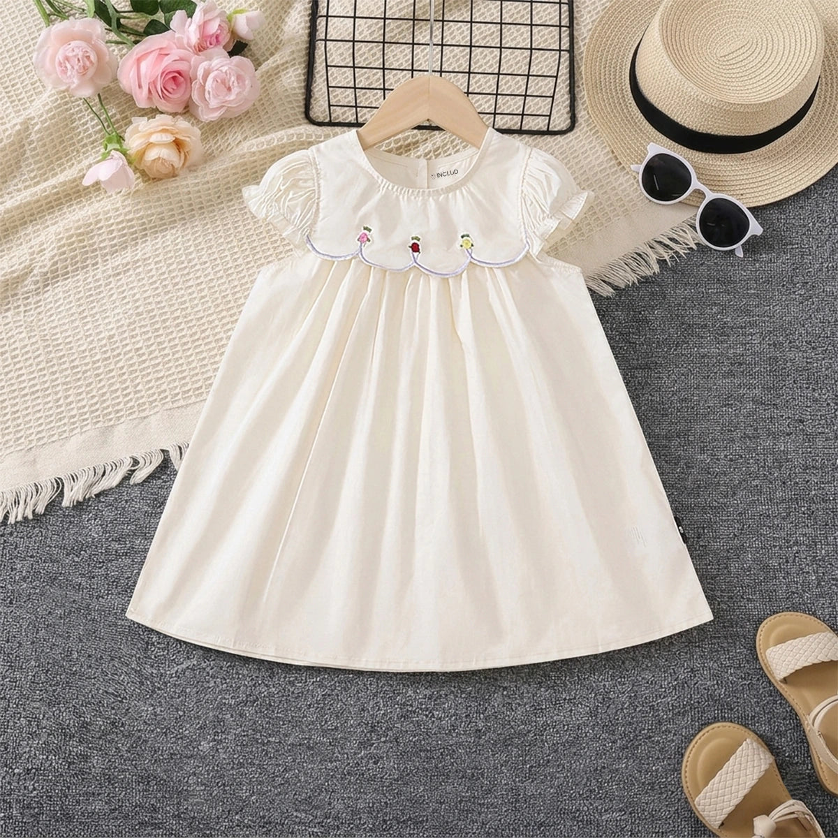 Girls Off-White Embroidered Puff Sleeve Fit & Flare Dress Casual Dresses Off White 2-3 Y