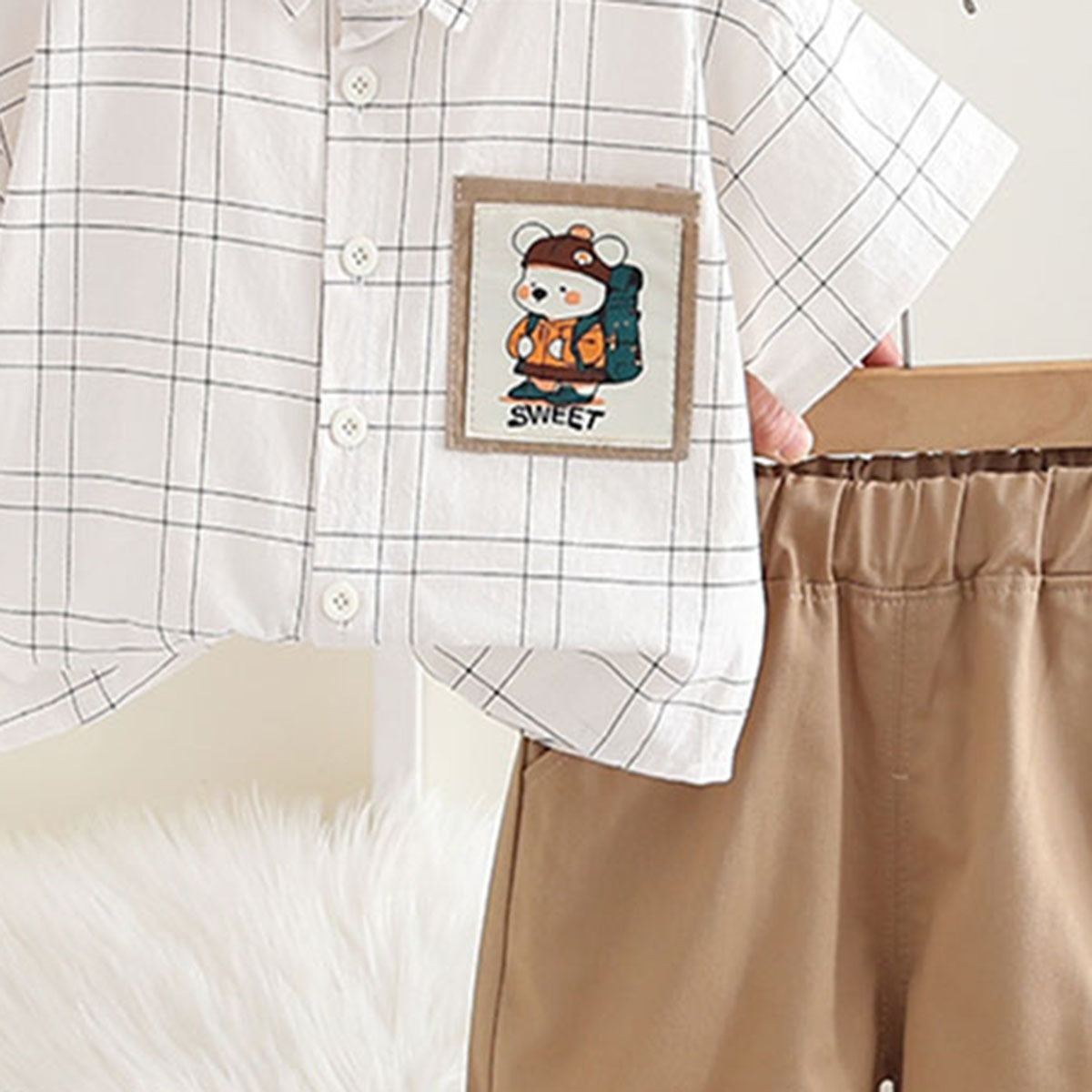 Boys White Checkered Short Sleeves Shirt With Shorts Set 2 pc. Sets White 1-2 Y