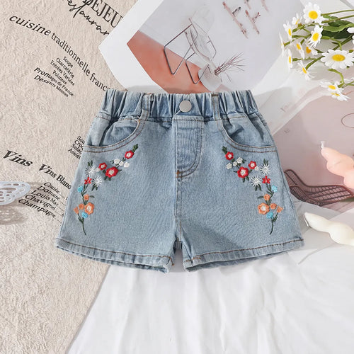 Girls Light Blue Floral Embroidered Denim Shorts Shorts Light Blue 2-3 Y
